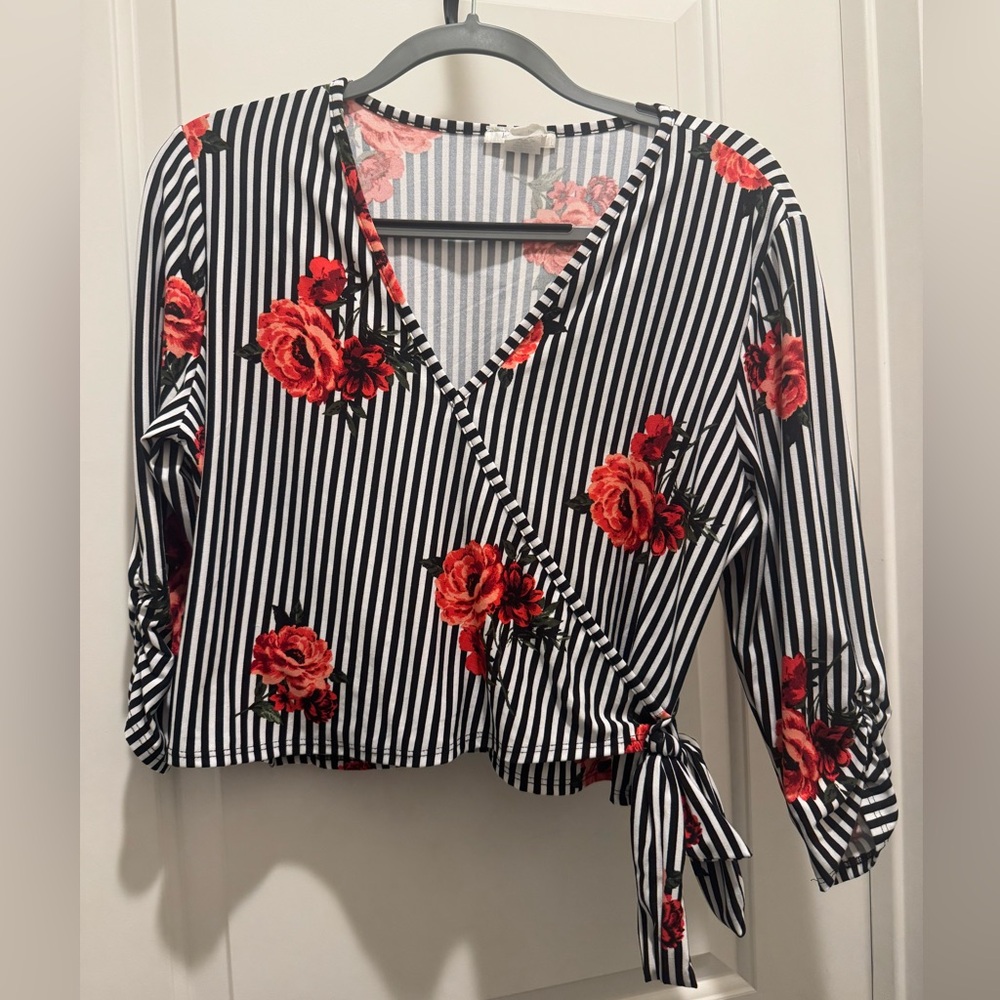 Elegant Black and Red Floral Striped Wrap Blouse